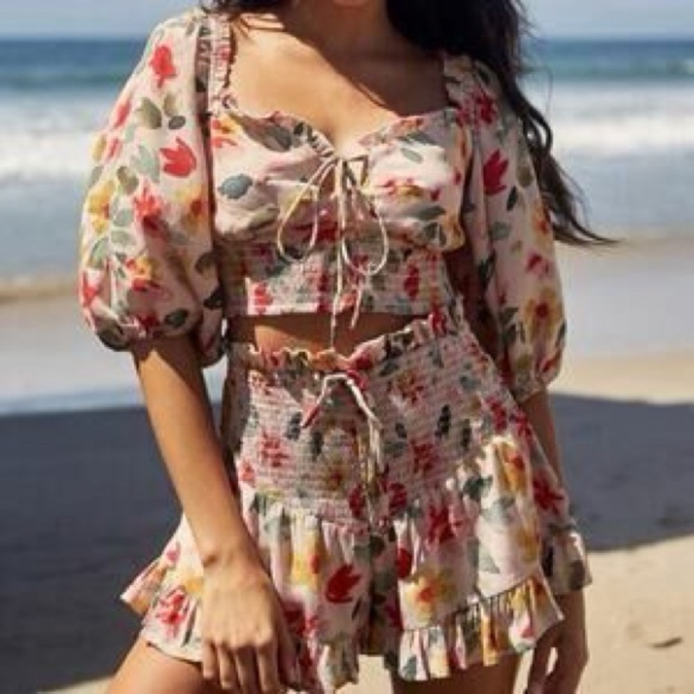Winston White Floral Tie-Front Puff Sleeve Crop set - Cream/Multicolor